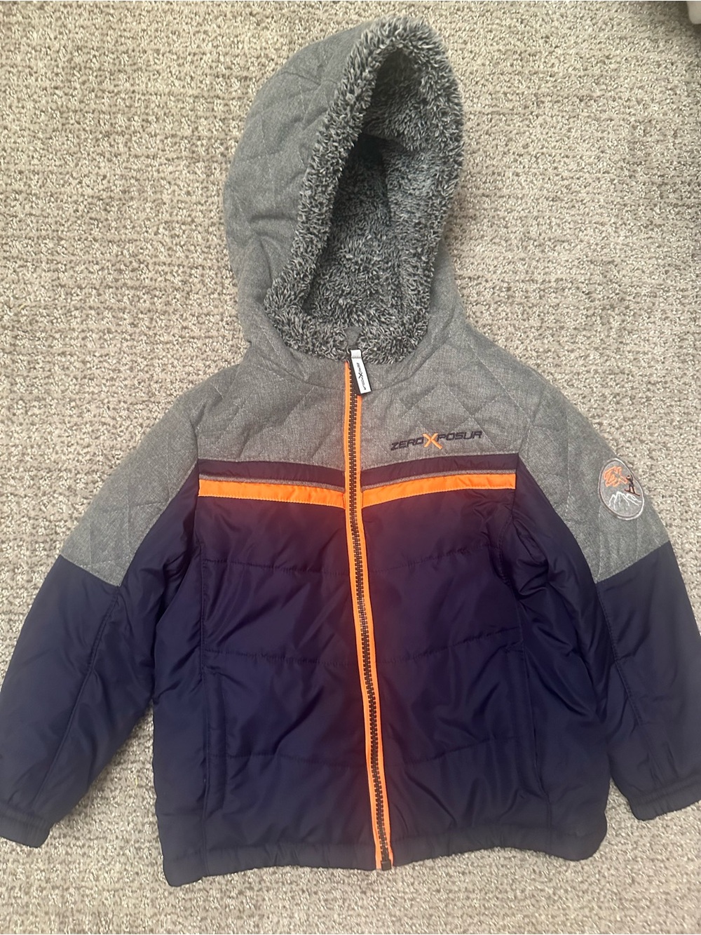 ZeroXposur Boys' Gray & Navy Hooded Puffer Jacket with Orange Trim Size 3T